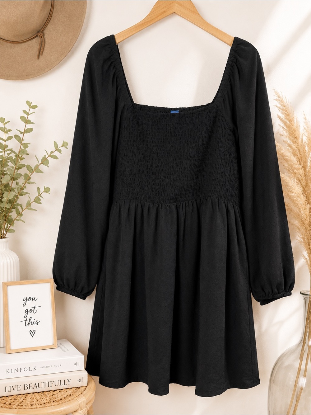 Old Navy Black Swiss dot Square-Neck Smocked Mini Dress
